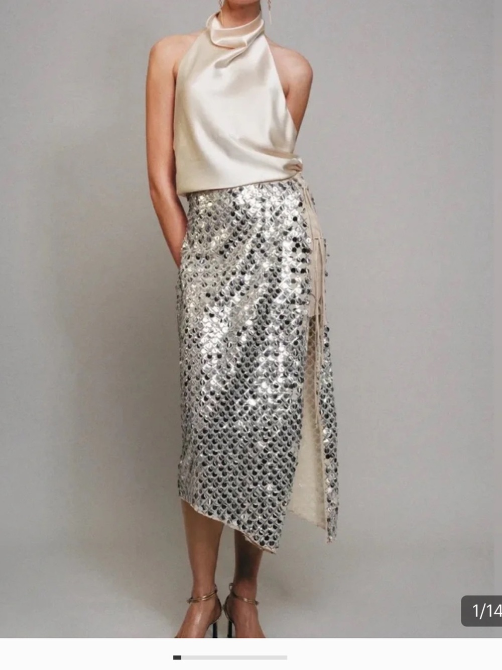 Cream Silver Sequin Midi Skirt